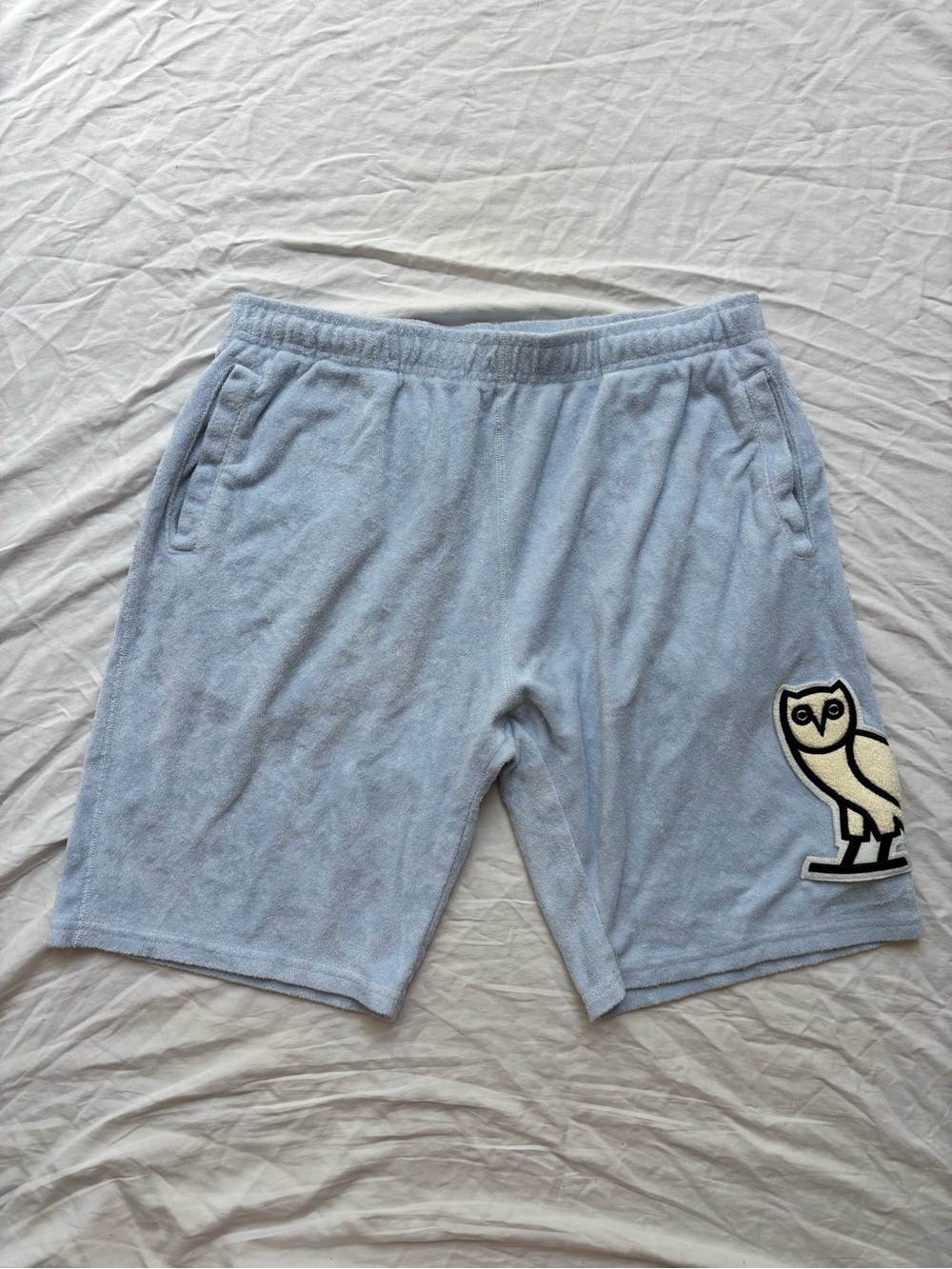 OVO Light Blue Terry Athletic Shorts with Owl Patch